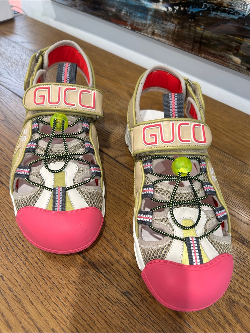 Gucci Beige Pink Green Webbing Sandal Sneakers